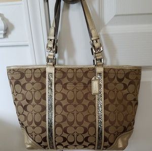 Coach Signature C Gold Leather Beaded Tote Handbag